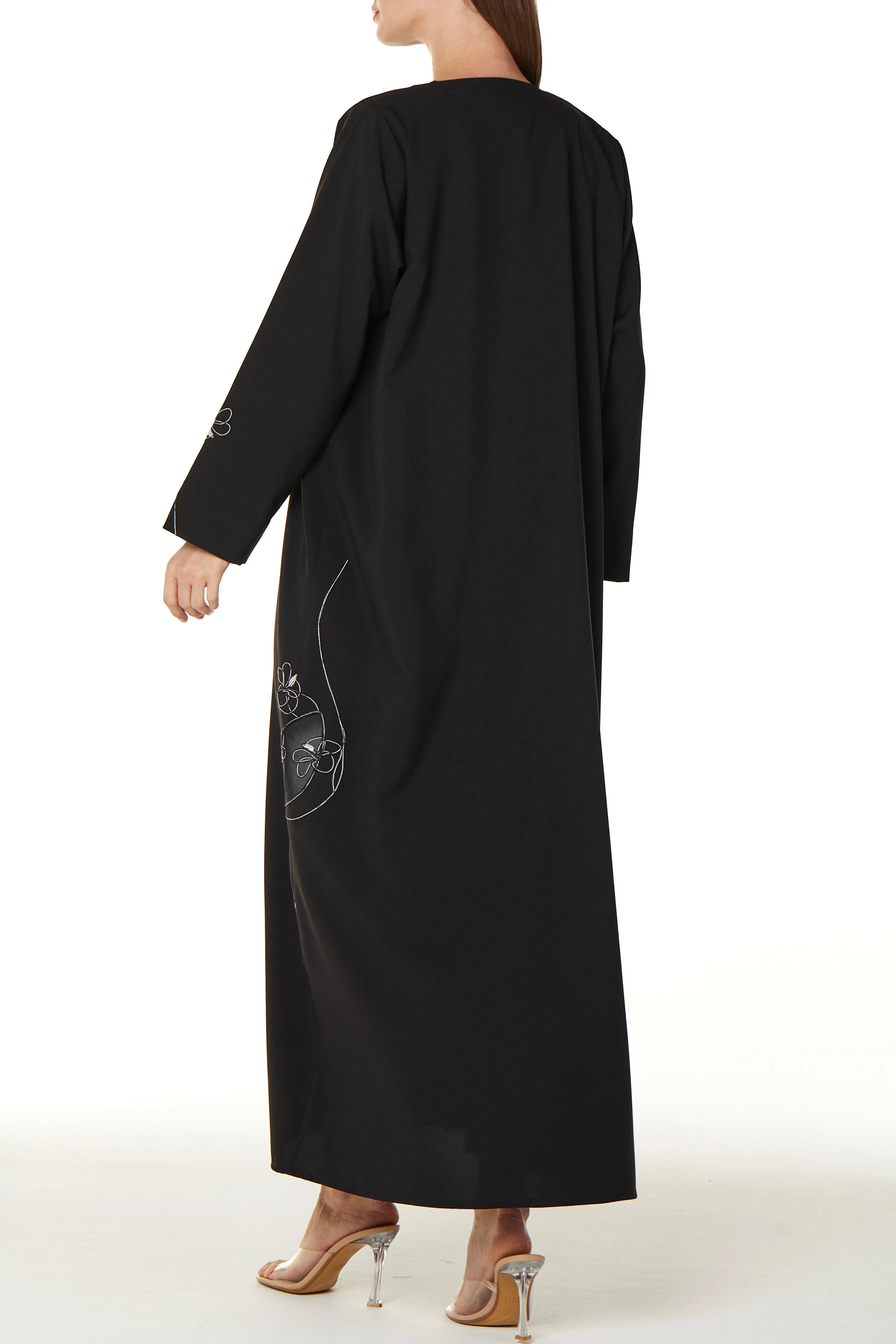 Black Kadi Crepe Abaya with Side Floral Embroidery - Posh Abaya