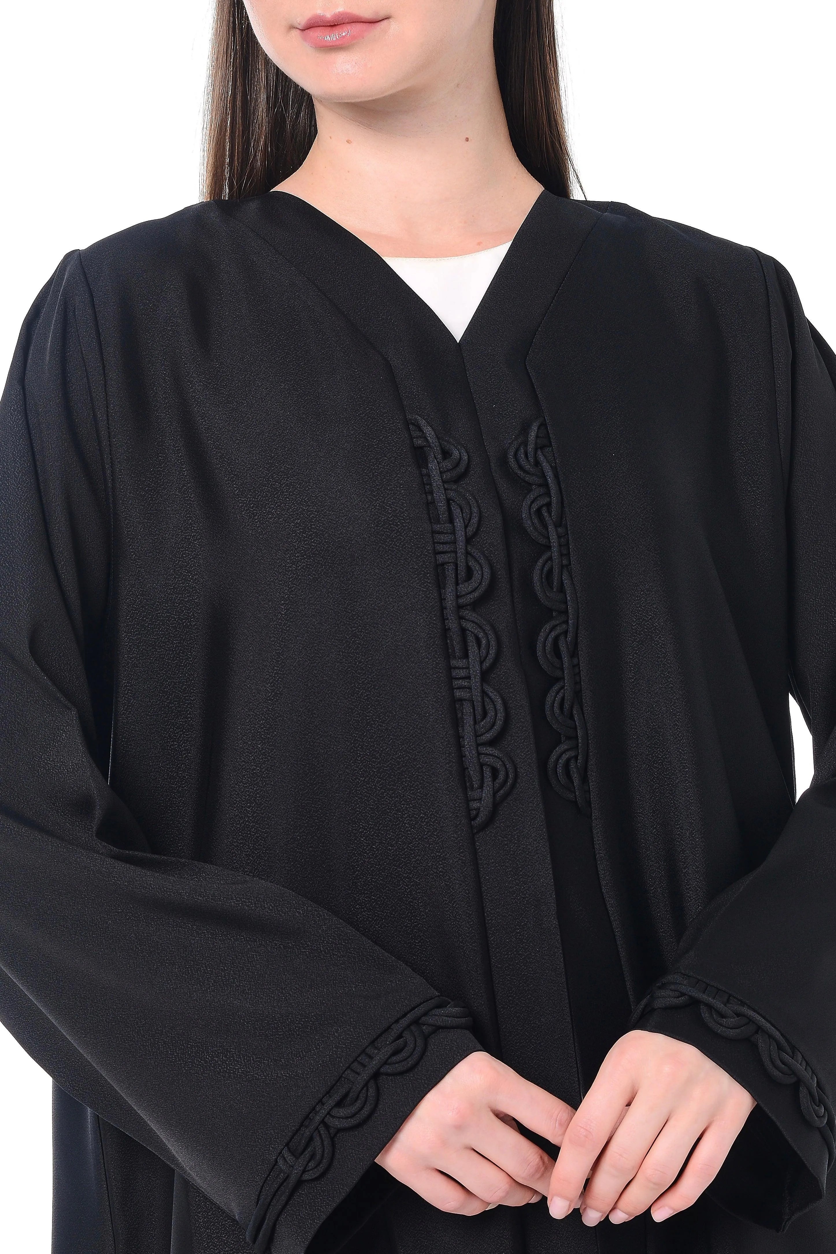 Black Sana Crepe Abaya with Front Loop Detail - Posh Abaya