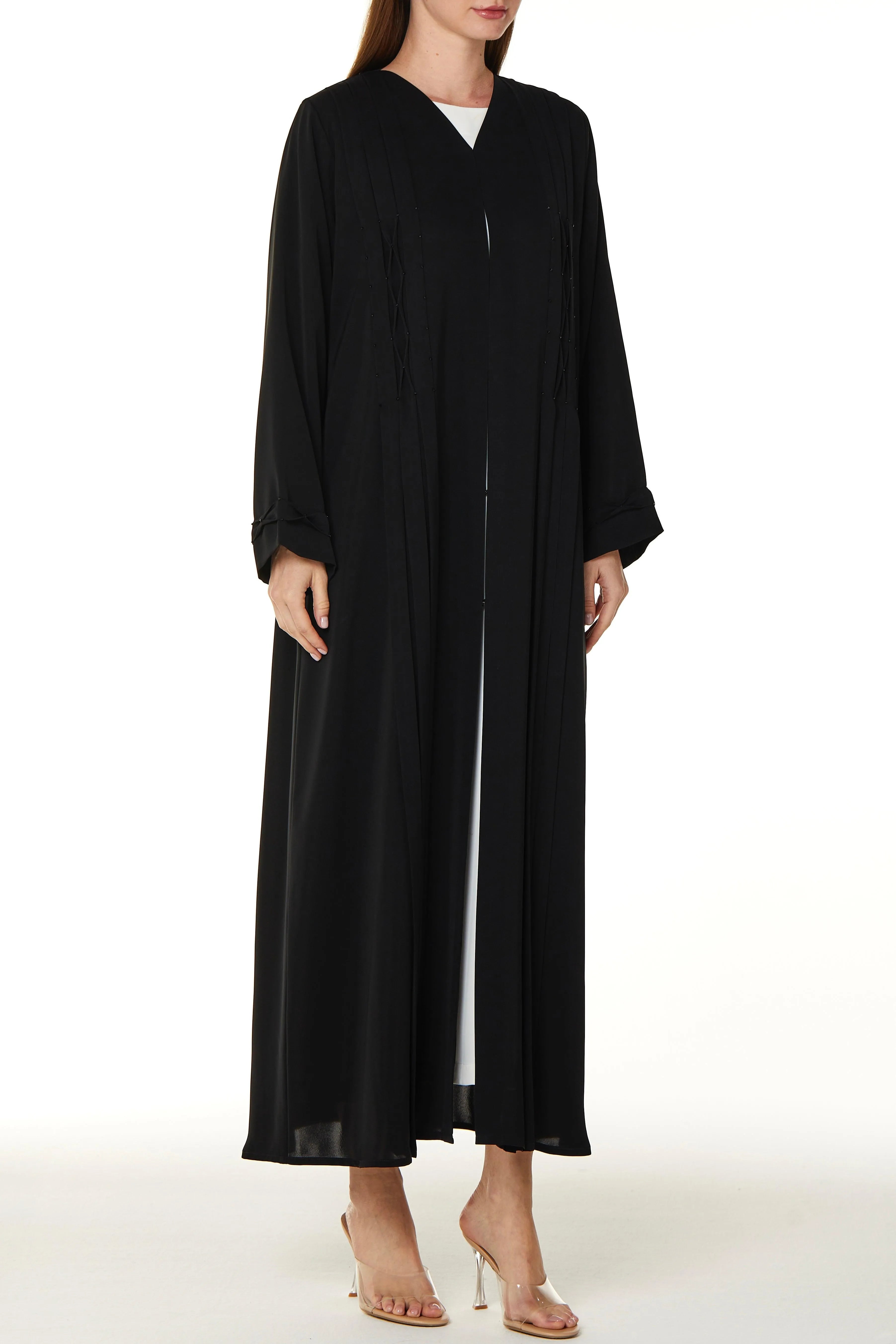 Black Classic Nada Abaya with Beaded Crisscross Detail - Posh Abaya