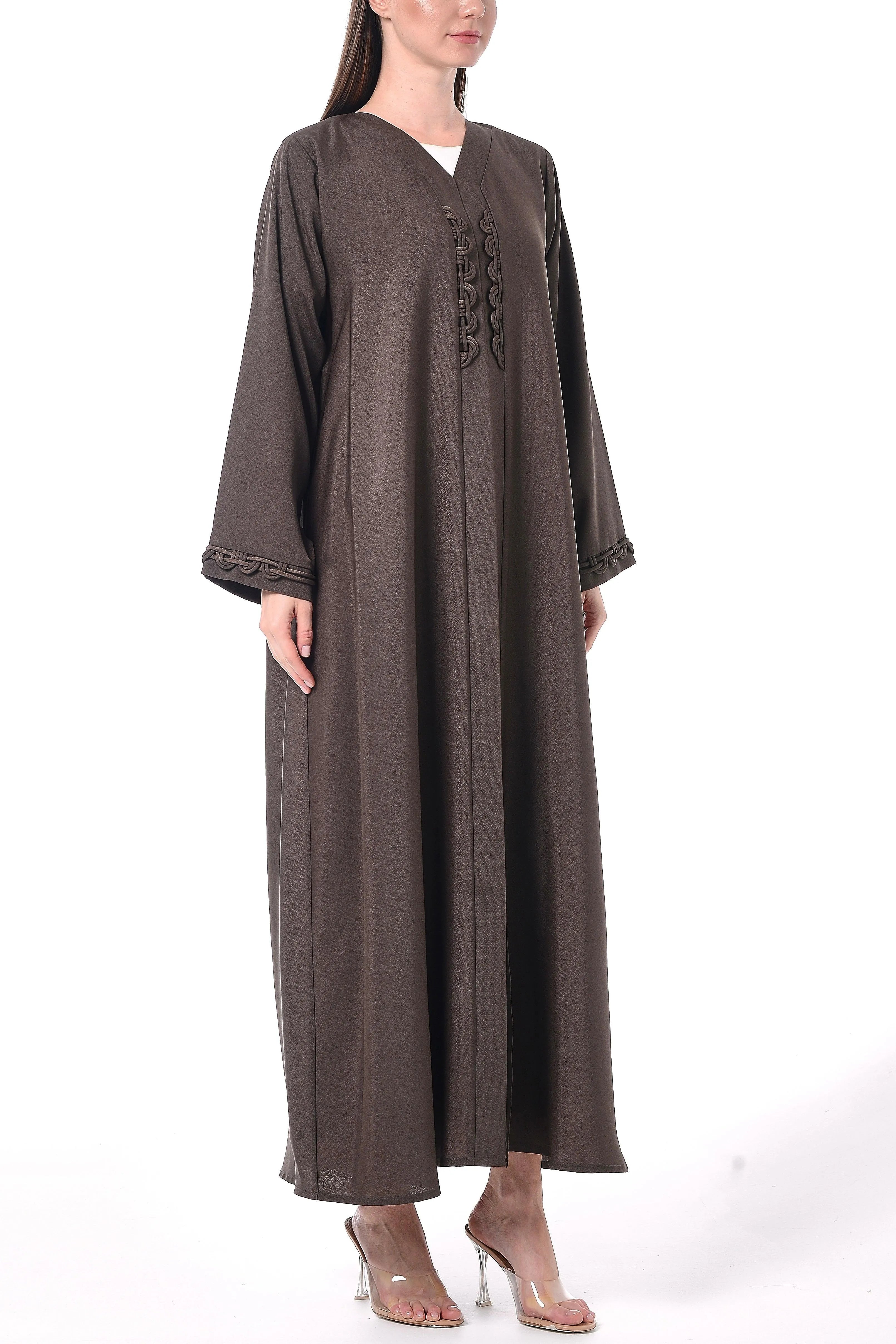 Brown Sana Crepe Abaya with Front Loop Detail - Posh Abaya