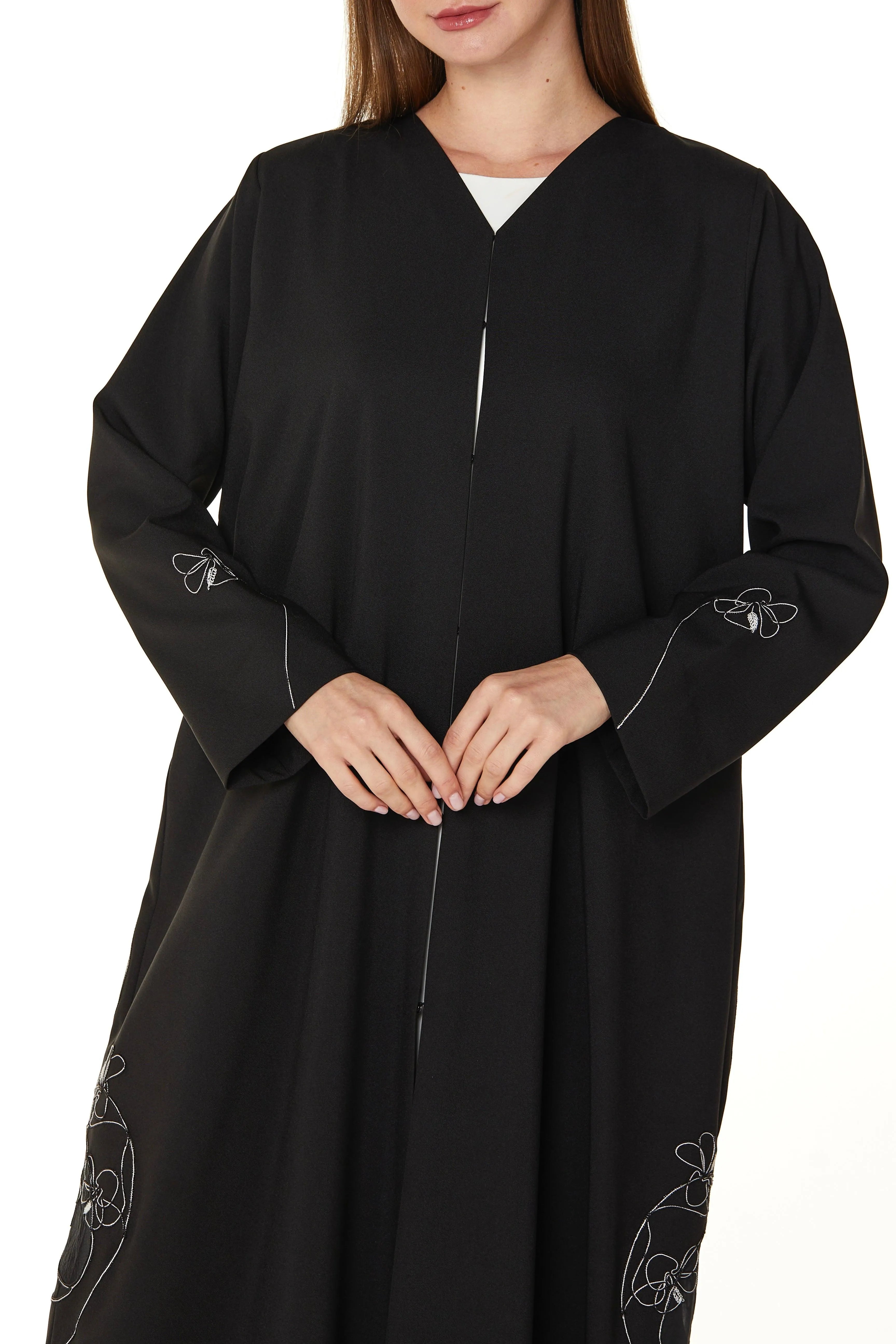 Black Kadi Crepe Abaya with Side Floral Embroidery - Posh Abaya