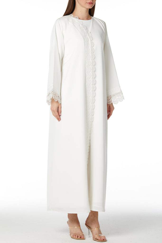 Overlap & Lace Soft Crepe White Abaya