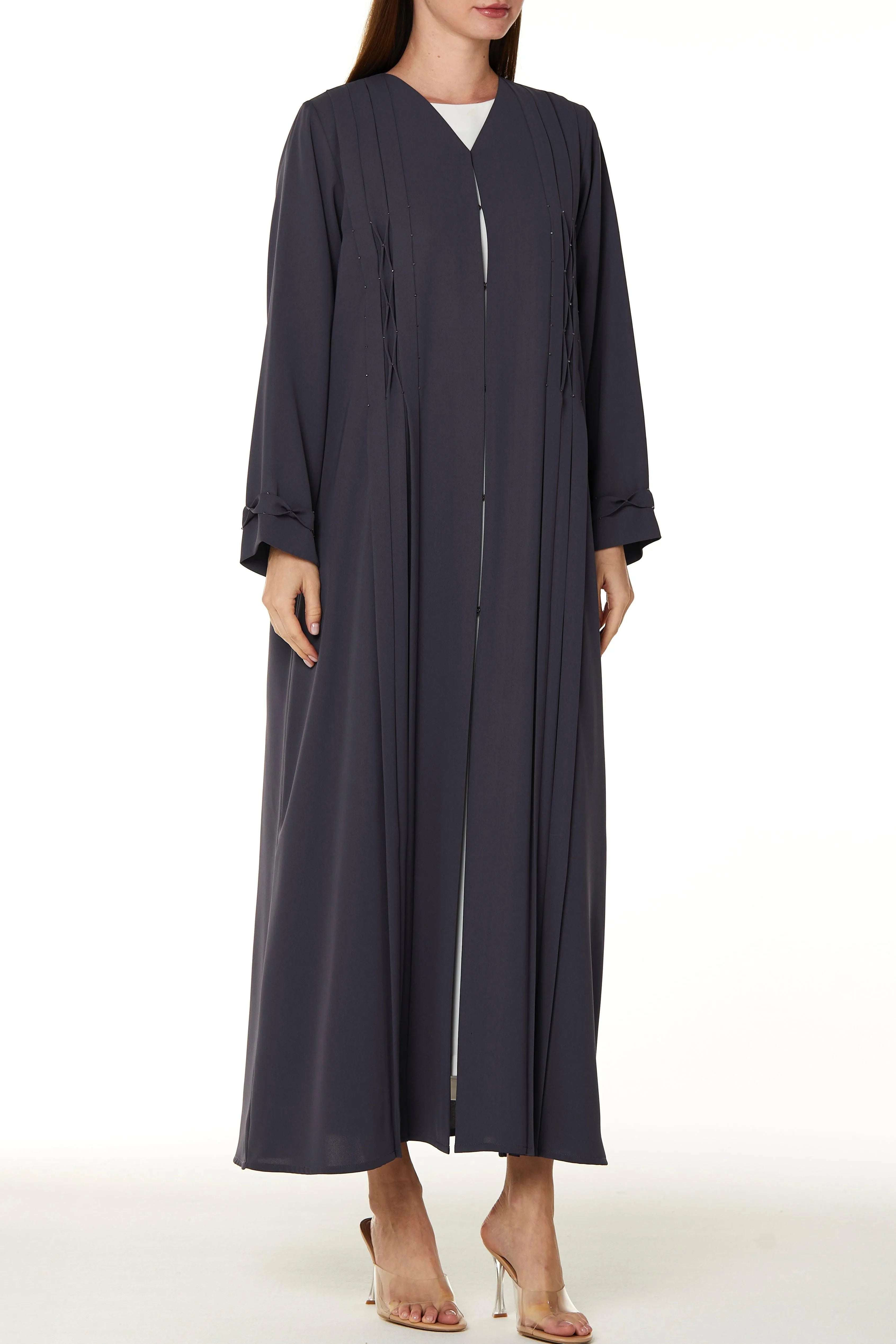 Purple Lavender Crepe Abaya with Beaded Crisscross Detail - Posh Abaya