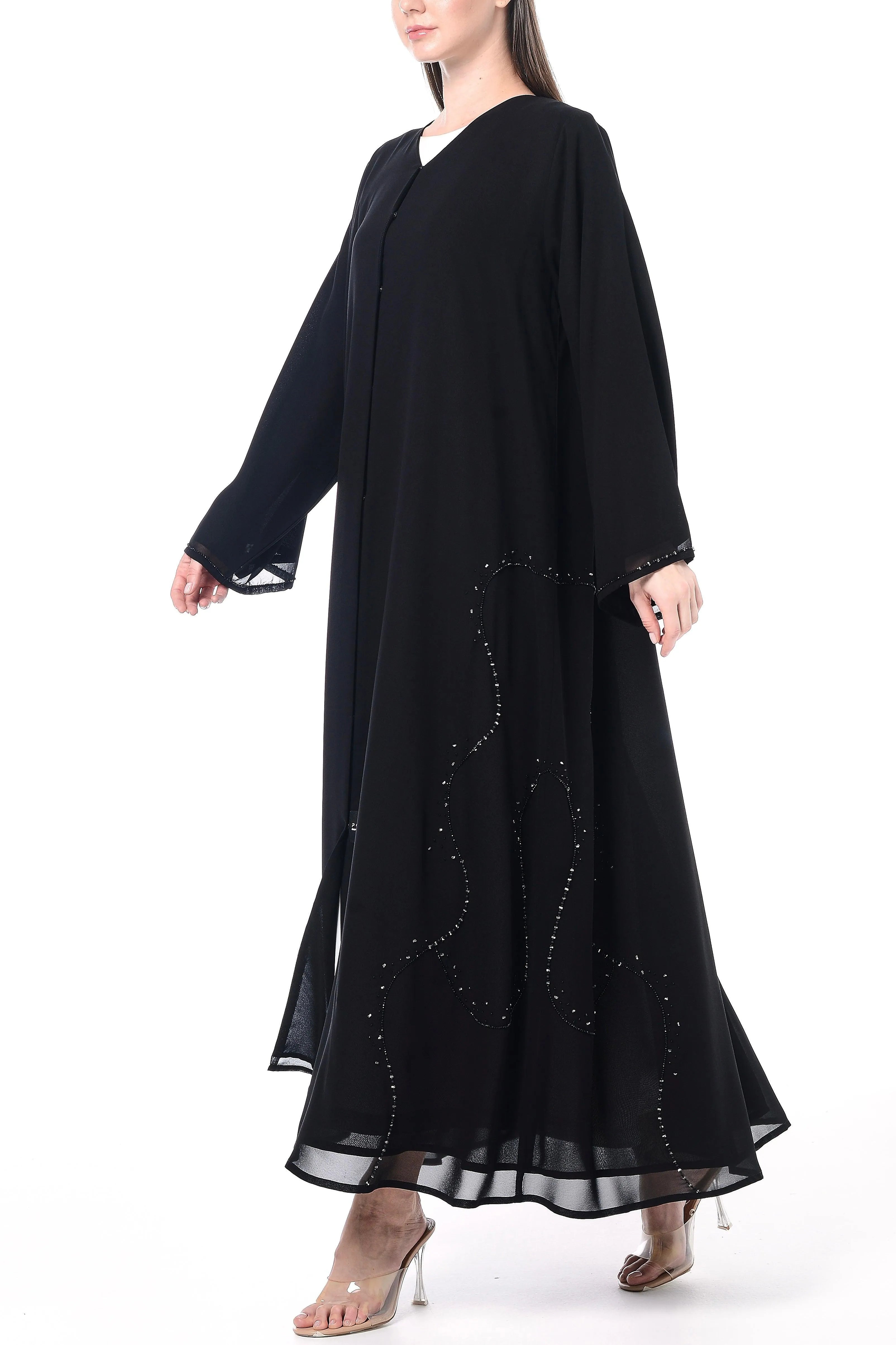 Black Khalifa Chiffon Abaya with Hand-Beaded Details - Posh Abaya