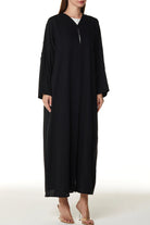 Black Layan Crepe Abaya with Asymmetric Pintucks - Posh Abaya