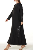 Black Kadi Crepe Abaya with Side Floral Embroidery - Posh Abaya