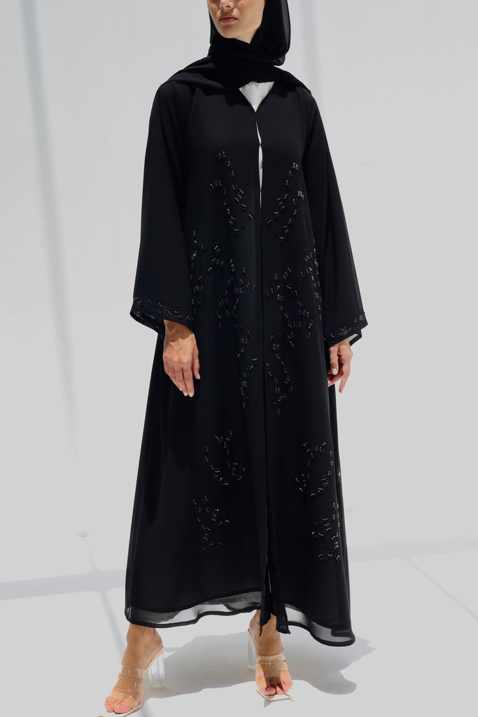 Bead & Sequin Flare Black Abaya